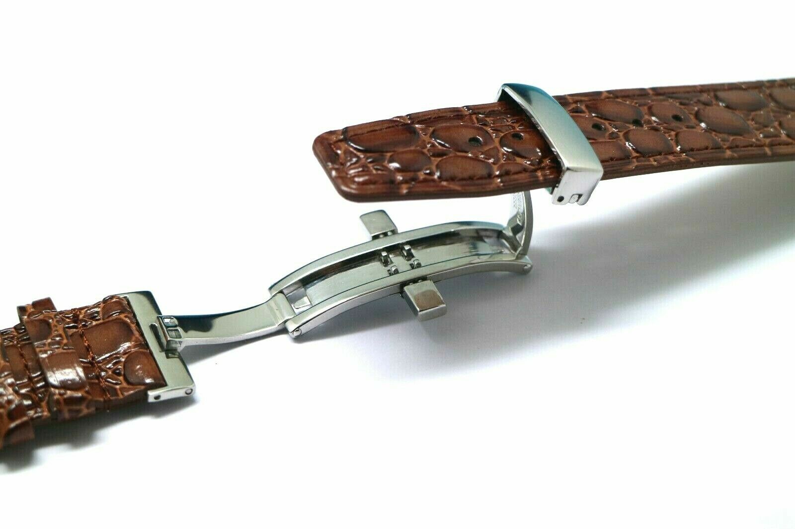22mm Brown Thin Croco Embossed Leather Watch Band Stainless Butterfly Clasp