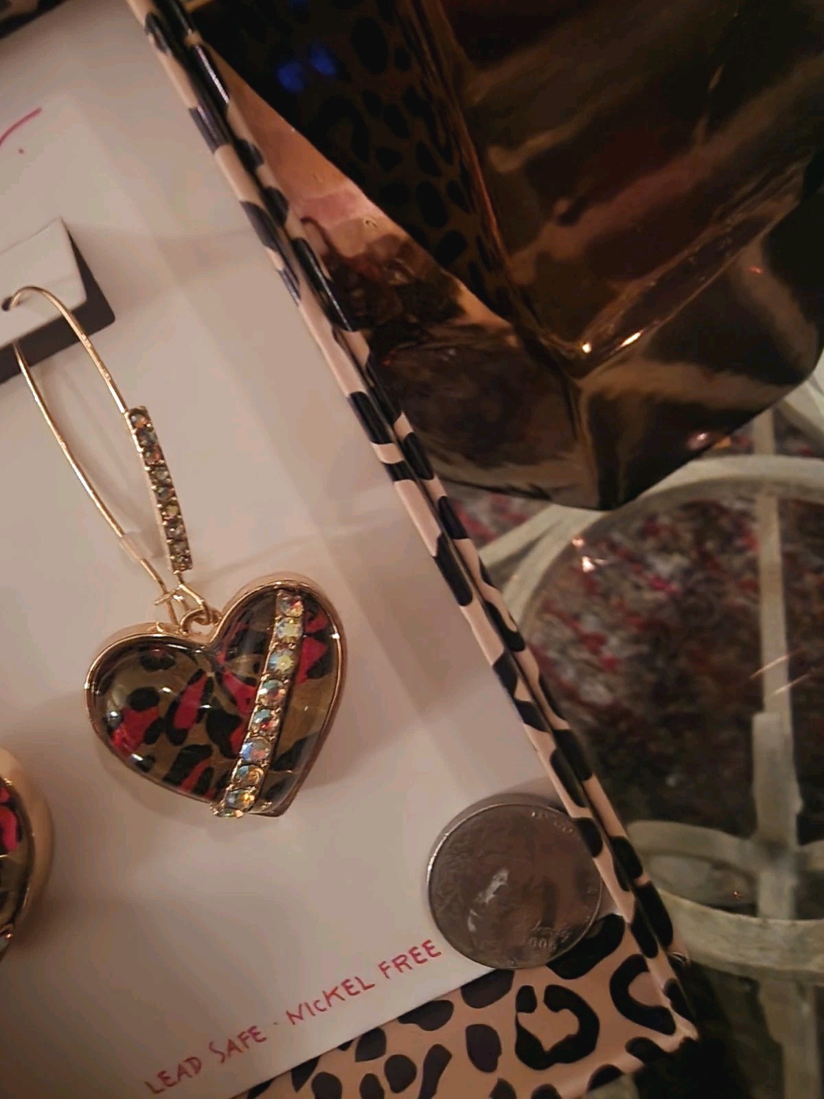 BETSEY JOHNSON Red /Black Leopard Cheetah Gold Dangle Crystal Earrings $49 NIB!