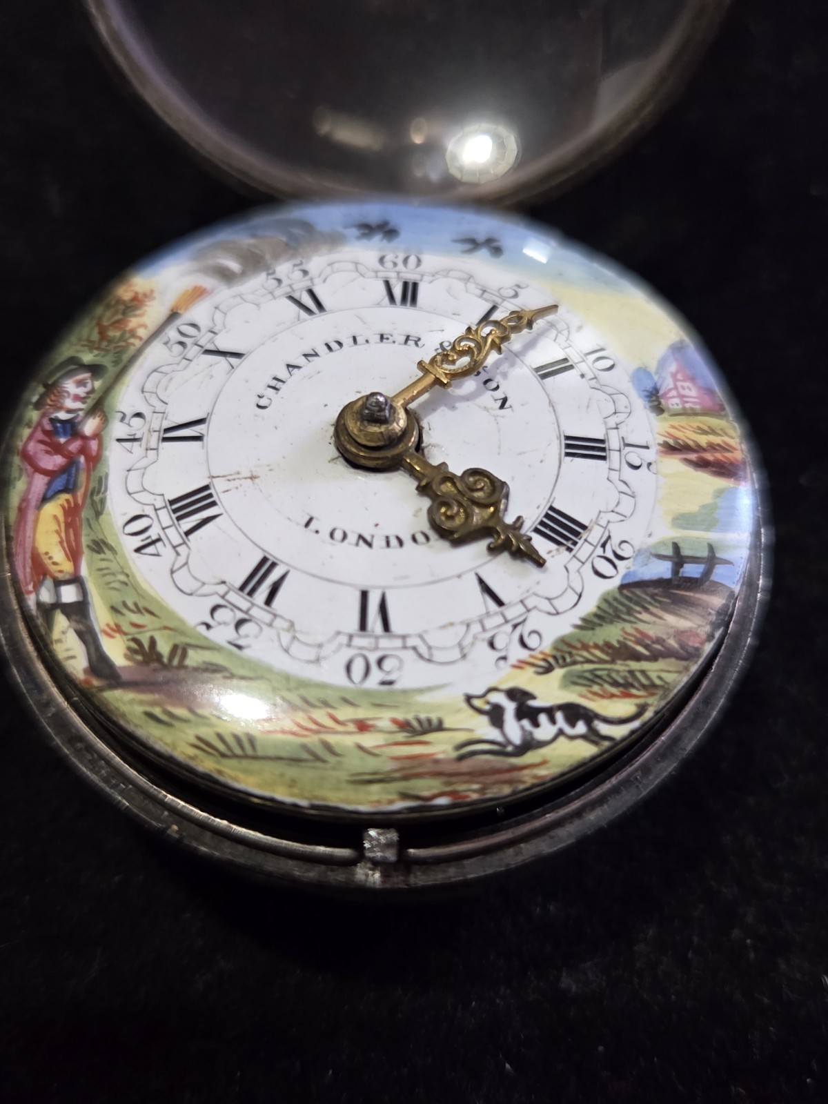 BRITISH VERGE FUSEE POCKET WATCH ENAMEL HUNTING SCENE 47MM CASE CHANDLER LONDON