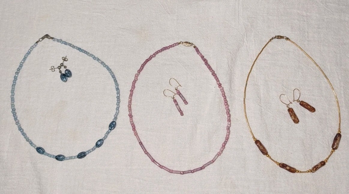 Vtg Set of 3 Assorted Necklace Earrings Sets – Purple – Brown – Blue Bead