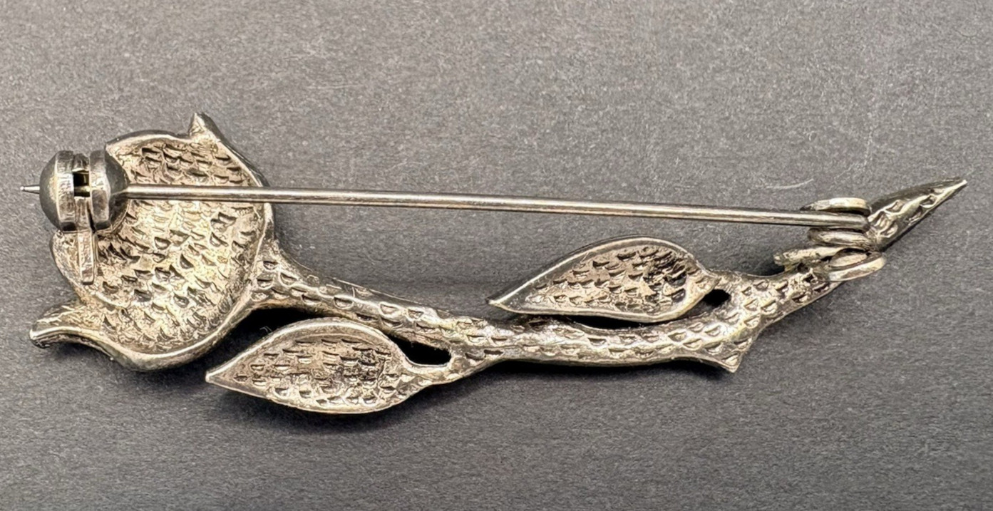 Vintage Long Stem Rose Flower Floral Marcasite Silver Tone Brooch 2″