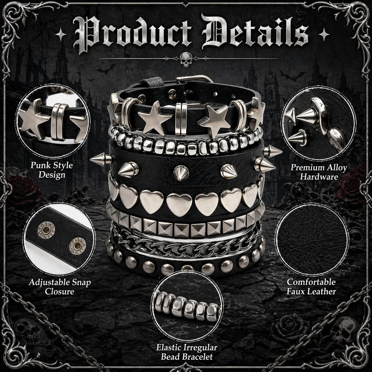 5 Pcs Punk Studded Bracelet Emo Goth Bracelets Y2k Alt Jewelry Grunge Spike A…