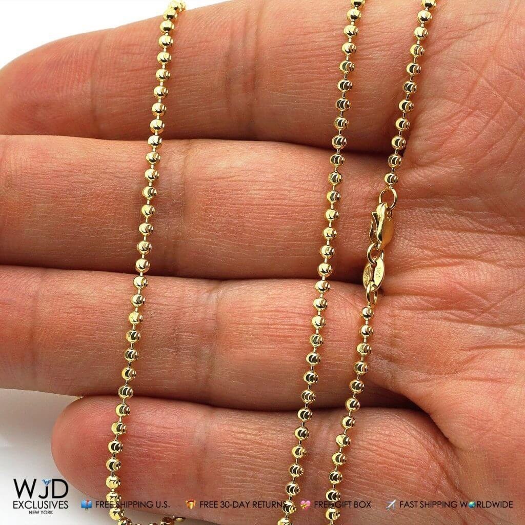 Solid 14K Yellow Gold Half Moon Cut 2mm Bead Ball Chain Necklace 20″-28″