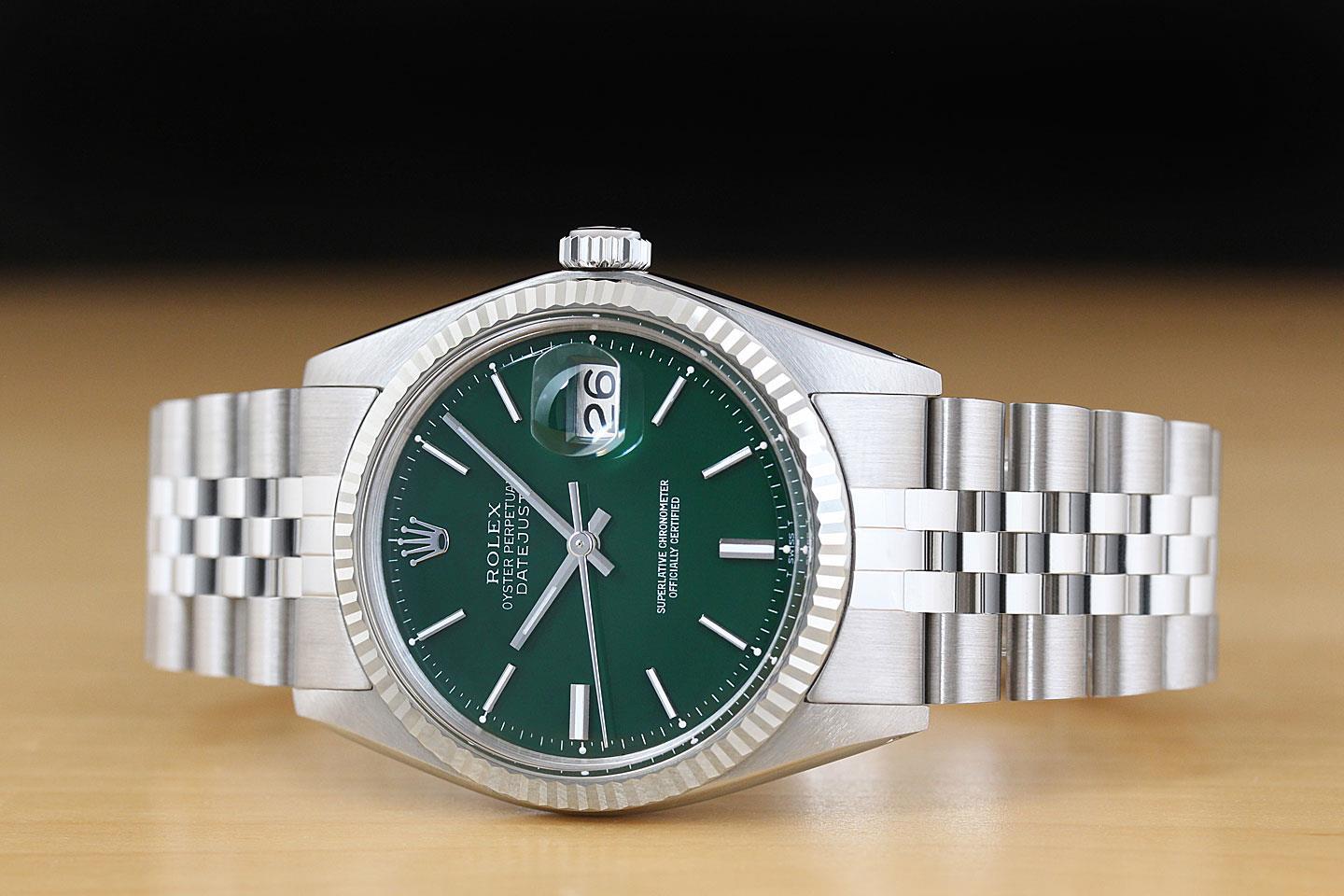 ROLEX MENS DATEJUST GREEN DIAL 18K WHITE GOLD STEEL WATCH w/ JUBILEE BRACELET