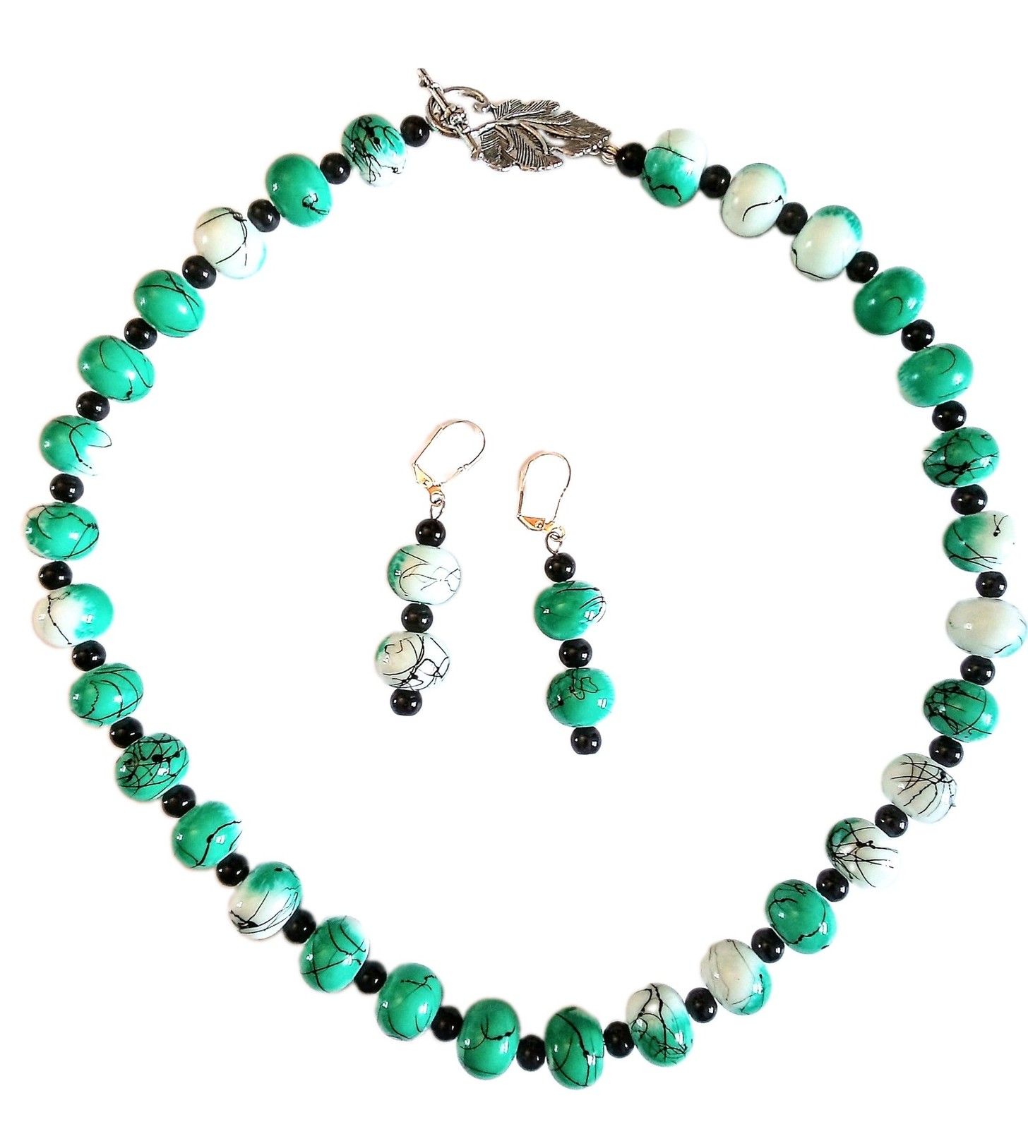 Green Black & White Splatter Glass Beaded Necklace And Earrings Set