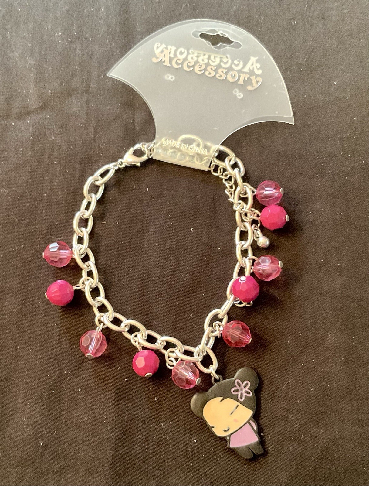 Pucca Anime Charm Bracelet Silver Tone Pink Faceted Beads Adjustable NEW Kawaii