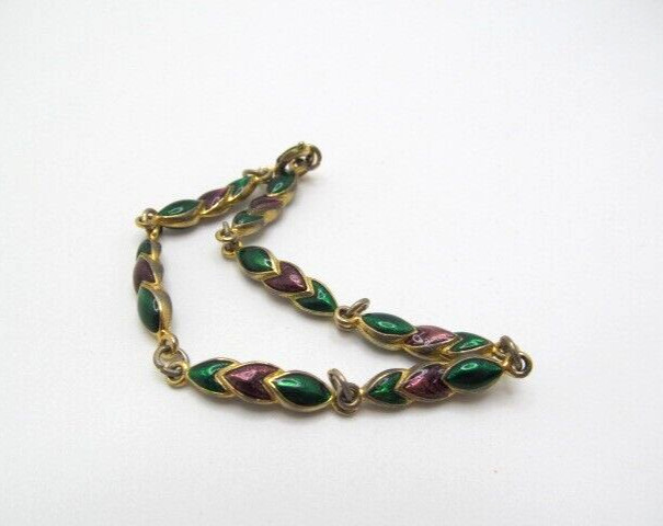 Vintage Solid Gold Tone Shimmering Green Purple Lacquer Linked Bracelet 7.25 In
