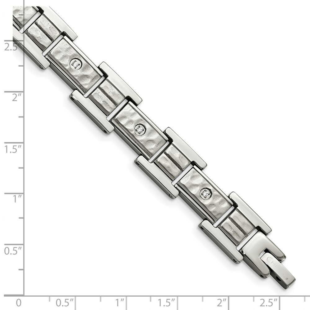 Stainless Steel Brushed Polished and Hammered w/CZ 8.5 in Bracelet