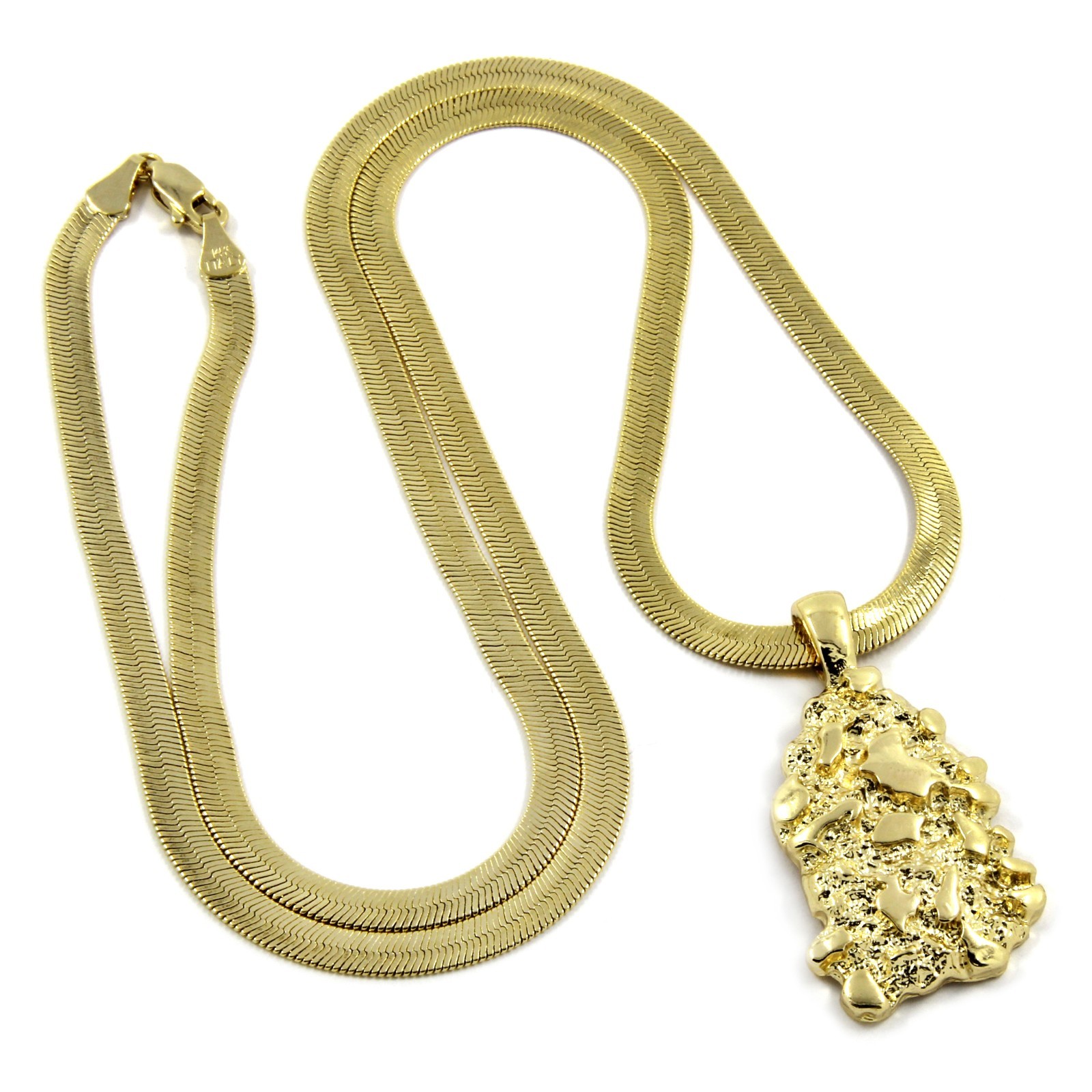 14K Gold Plated Nugget Pendant Hip-Hop 4mm/24″ Herringbone Chain