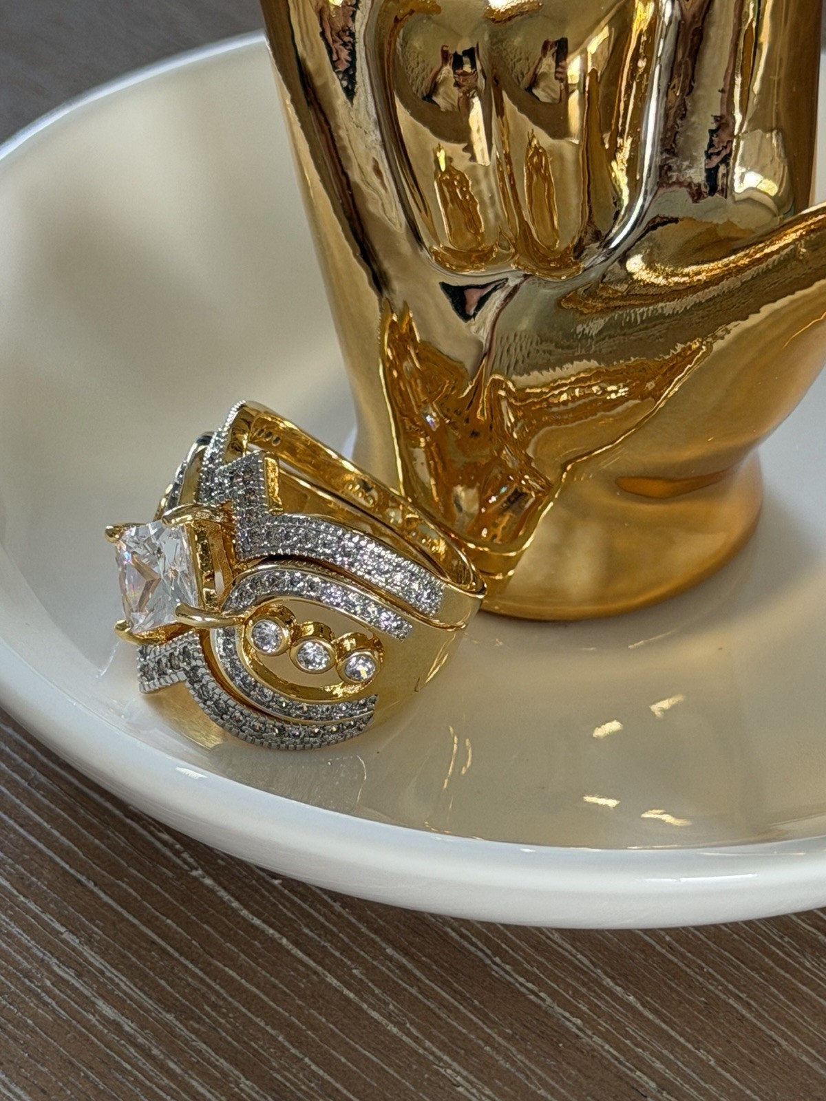 Two-Tone 14k Yellow Gold Plated Cocktail Ring Size 7 Princess Cut White CZ