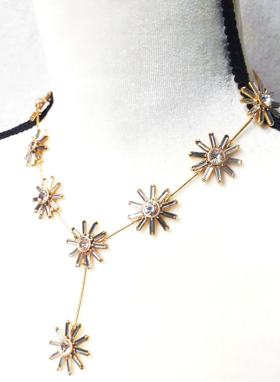 J.Crew Colorblock Crystal Flower Necklace in Black Diamond Gold Plated Brass NWT