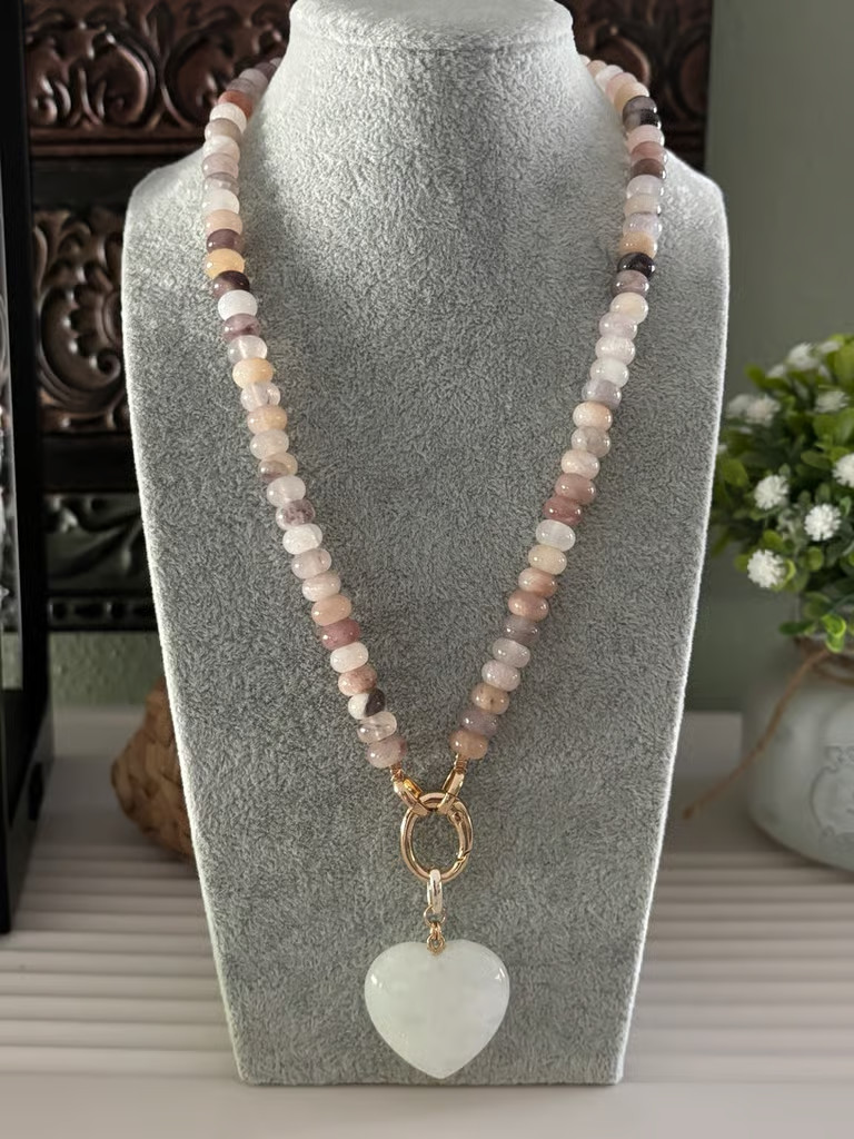 Multi Color Beaded Necklace with White Stone Heart Pendant