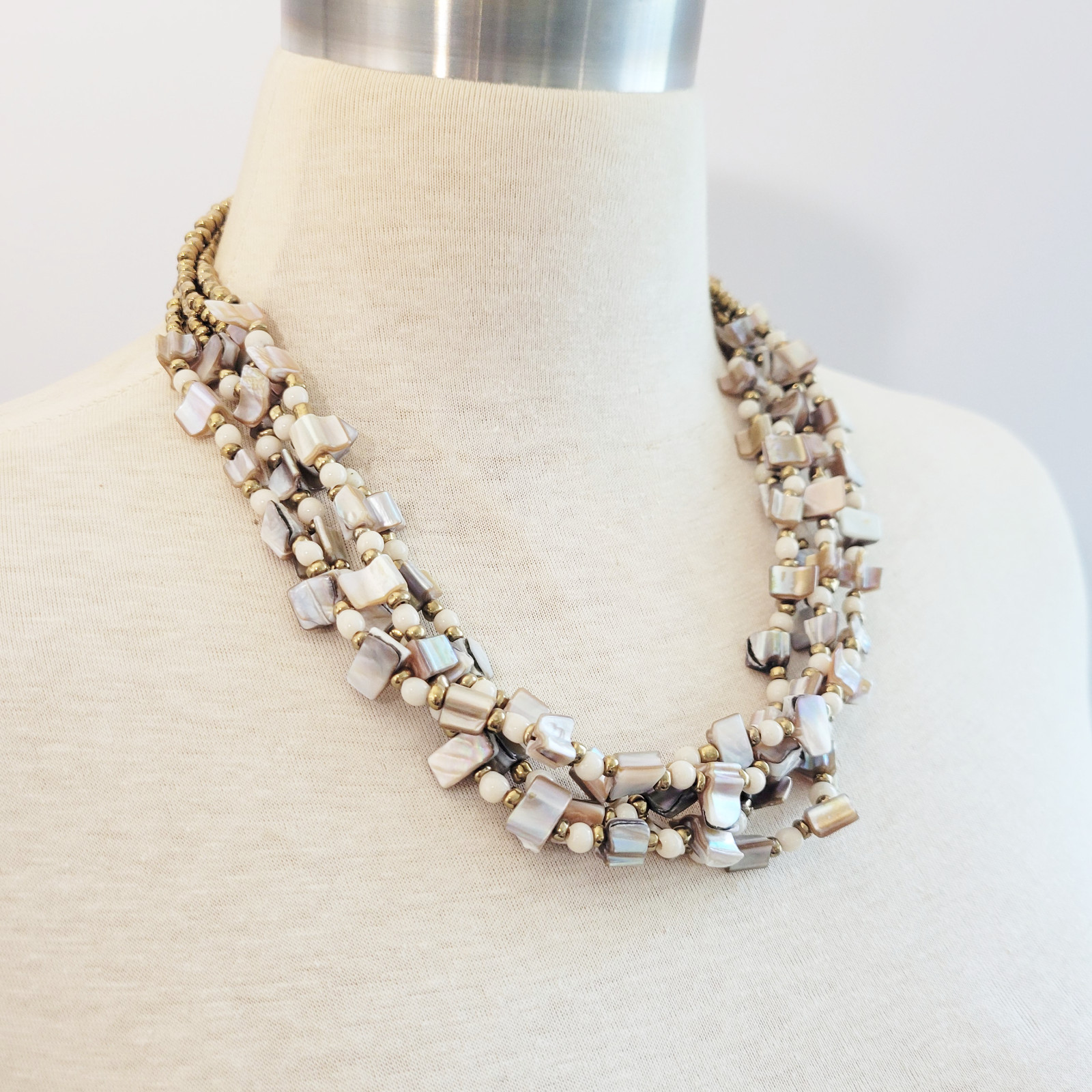 Mother of Pearl Multi Strand Beaded Necklace 22″ Iridescent Polished Shell
