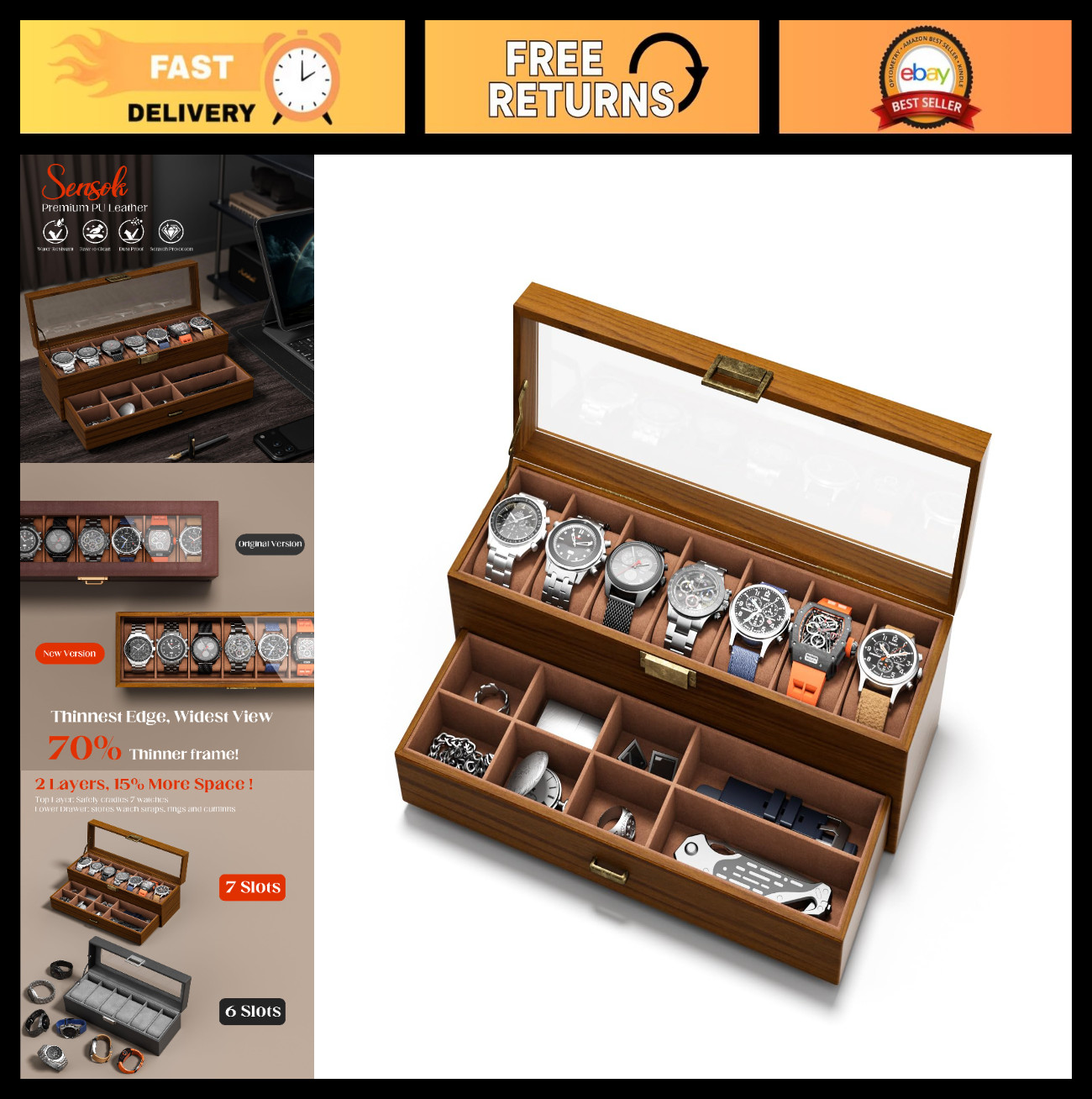 Men’s Watch Case Box – 7 Slots, 2-Layer Wood Grain Organizer with Jewelry Drawer