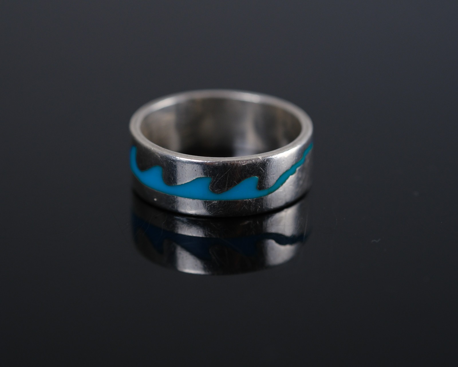 Band ring silver ring wave light blue 925 silver size 64 vintage second hand jewelry