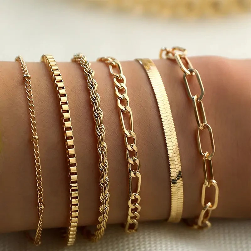 6pcs Gold Plated Boho Bracelet Set for Women – Chain, Bangle & Cuff Jewelry Gift