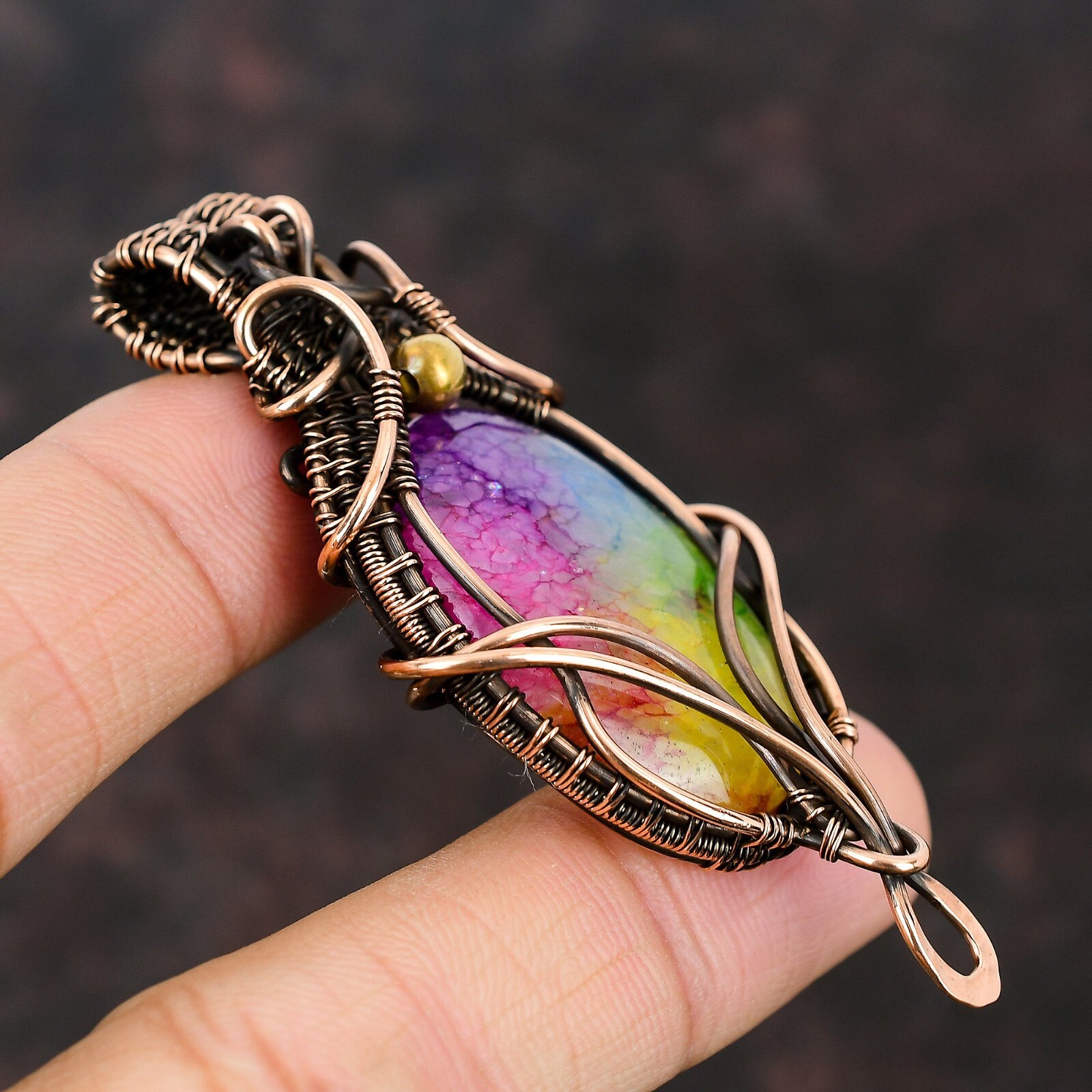 Rainbow Solar Quartz Druzy Jewelry Copper Wire Wrapped Pendant For Girls 2.83″