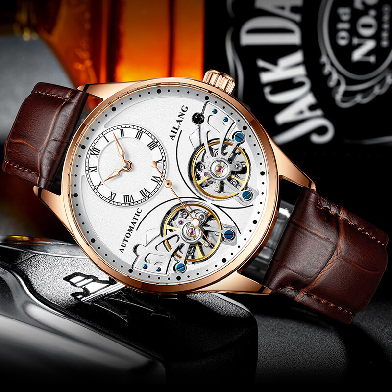 AILANG Men’s Watch Hollow Double Flywheel Automatic Mechanical Wristwatches