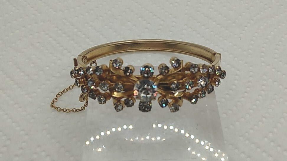 Vintage Gold Tone Rhinestone Hinged Bracelet With Safety Chain