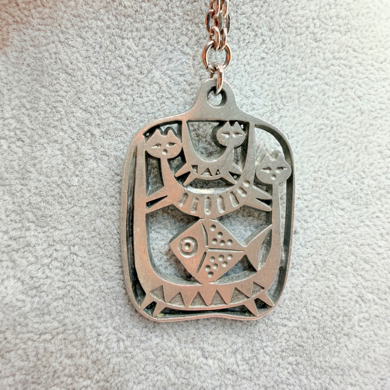 Vintage Sweden MCM Pewter Cats Fish Pendant Necklace Silver Tone Folk Art