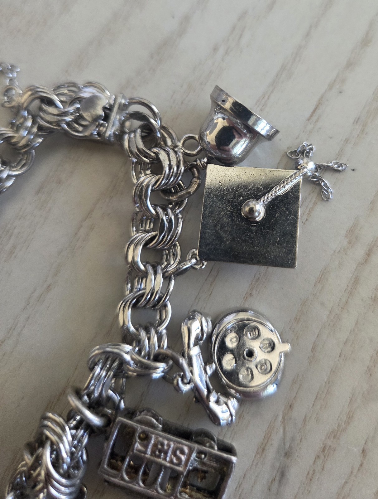 VTG Elco Double Link CHARM Bracelet 13 Charms Sterling Silver 7″ 45 Gram