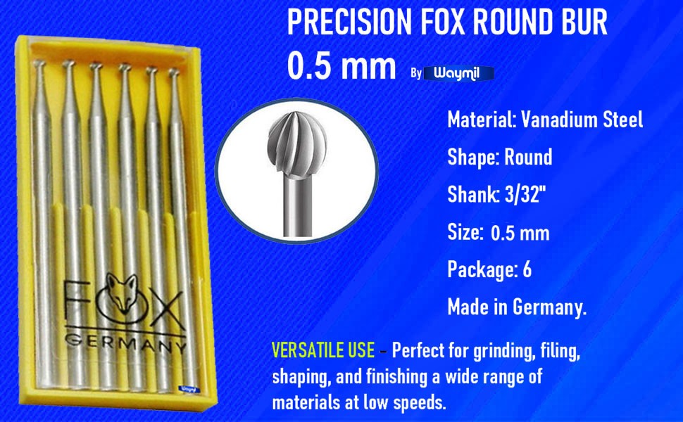 Fox Round Ball Bur 005 Pack of 6 Jewelry Bur 0.5 mm 3/32” Shank Made In Germany