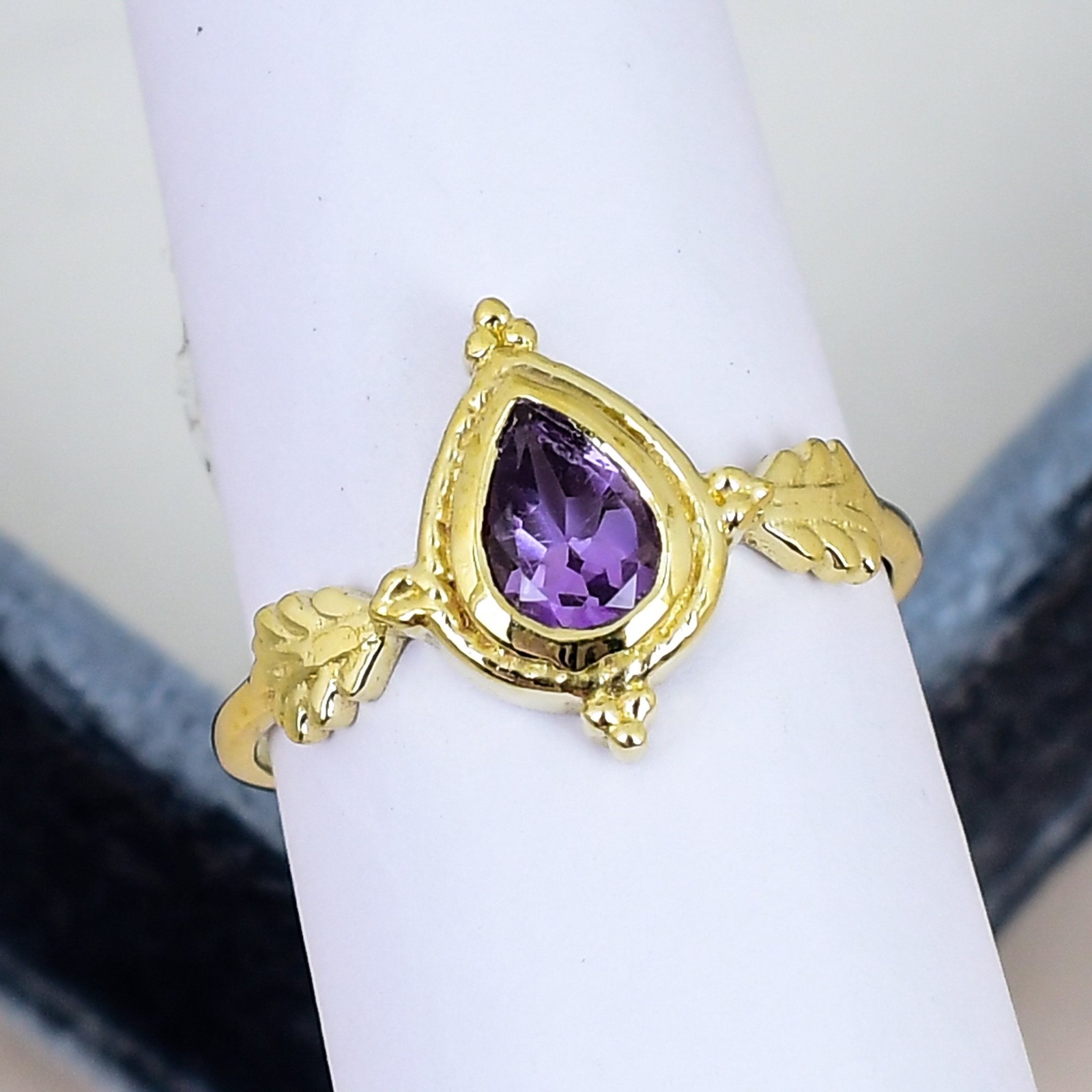 Amethyst Pear Ring 18K Gold Plated 5x7mm Purple Gemstone Nature Leaf Ring Gift