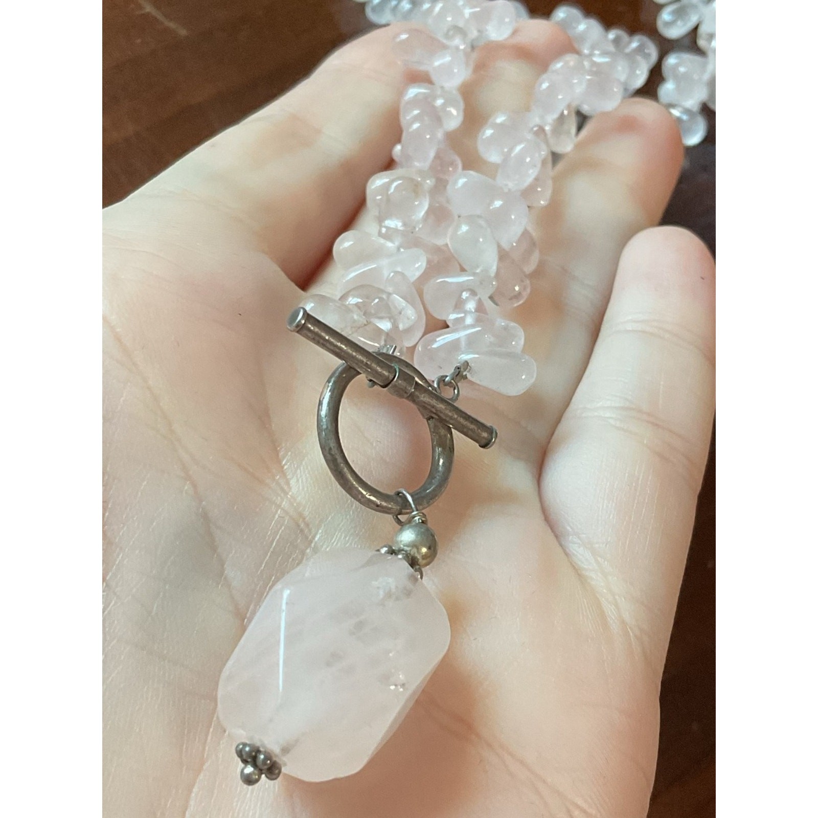 Vintage Sterling Silver Rose Pink Quartz Toggle Clasp Necklace 17.75”