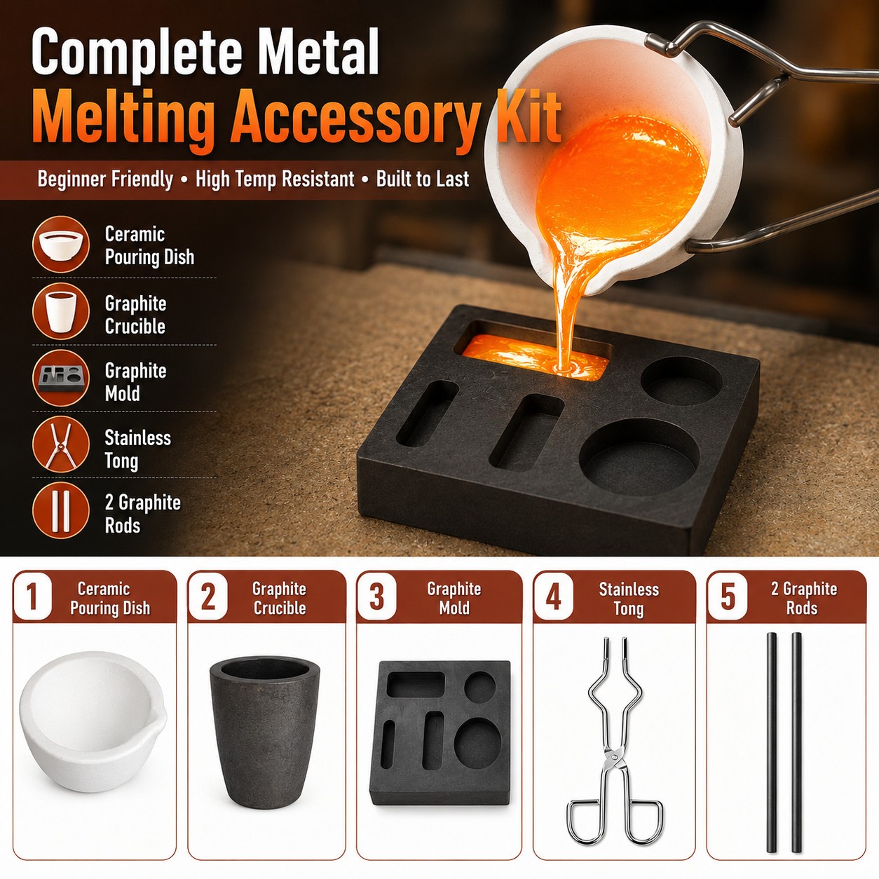 6PCS Gold Silver Copper Melting Refining Kit Graphite Ingot Mold Combo Set