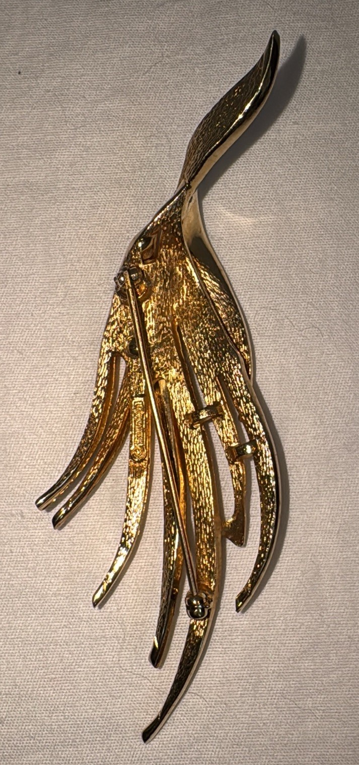 Vtg Marcel Boucher Gold Plated Metal Brooch & Earrings with Pave Rhinestones