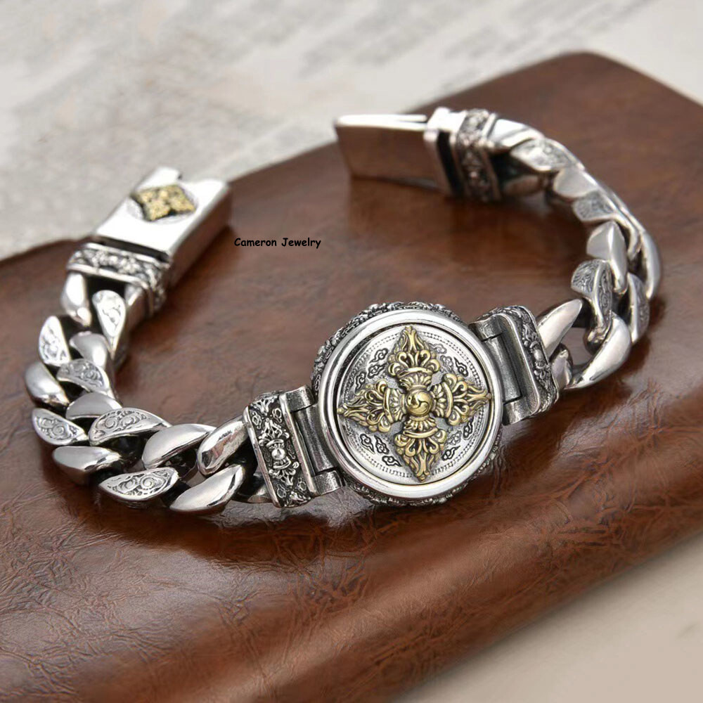 Solid S925 Sterling Silver Chain 11mm Round Vajra Curb Link Bracelet 7.1-8.7inch