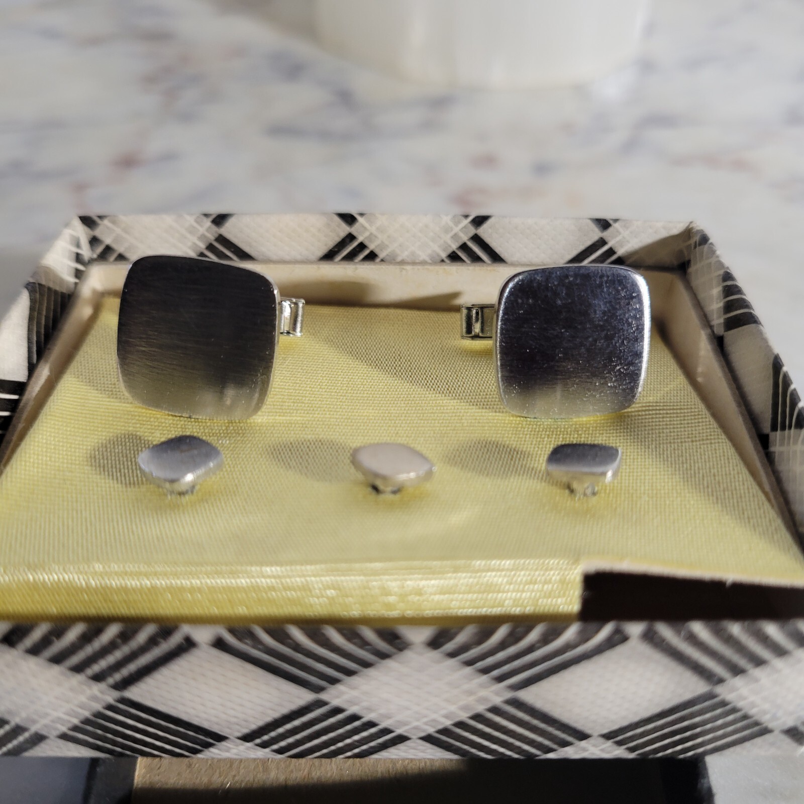 Vintage Silvertone Shiny Brush Matte Square Minimalist Cufflinks And Buttons