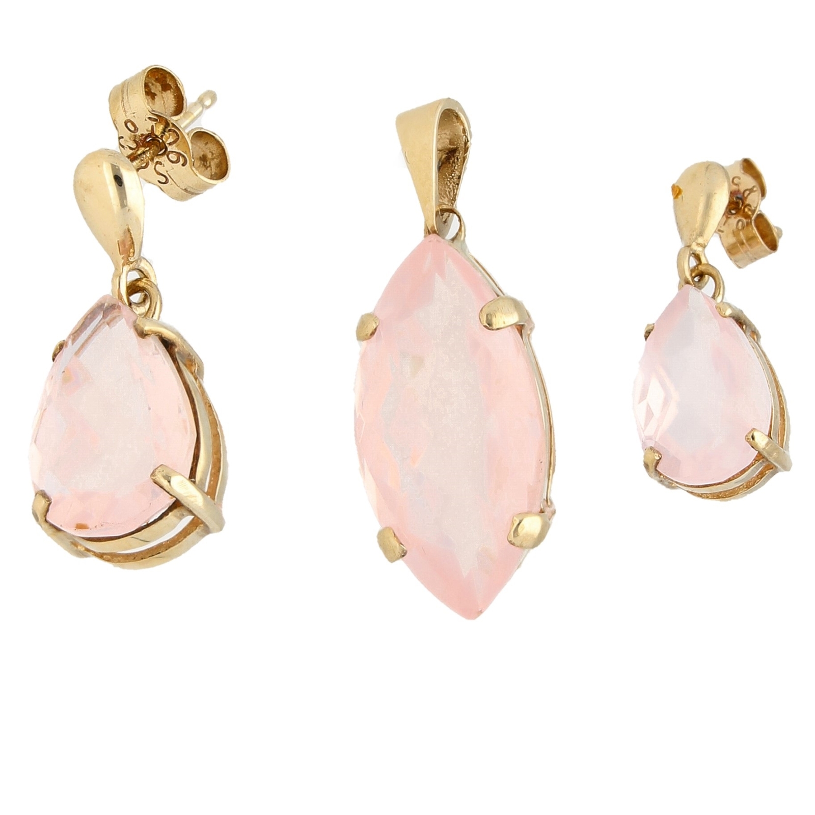 9Carat Yellow Gold Marquise & Pear Cut Rose Quartz Earrings & Pendant Set