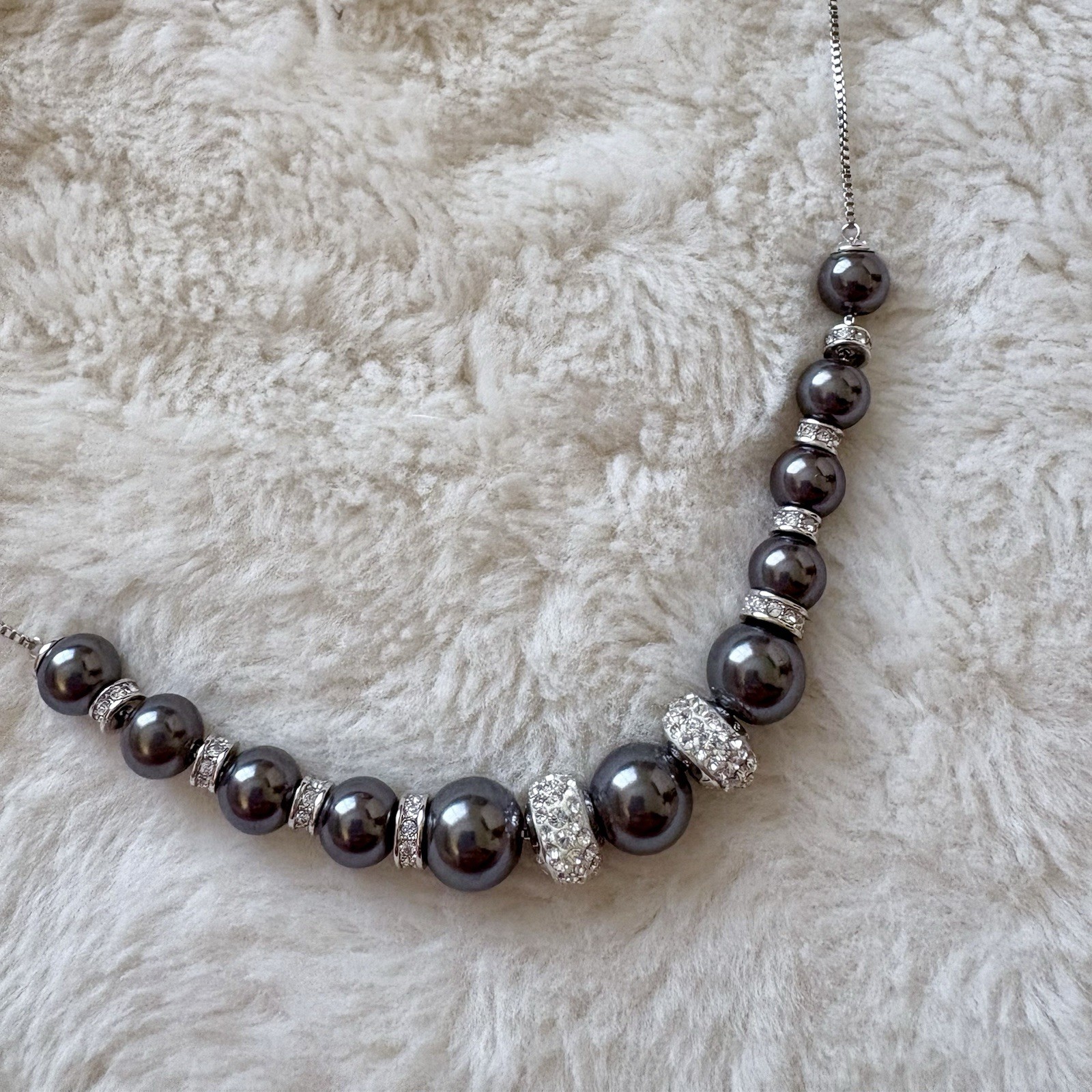 Vintage Henri Bendel Hematite Bead Crystal Pave Adjustable Bolo Necklace Silver
