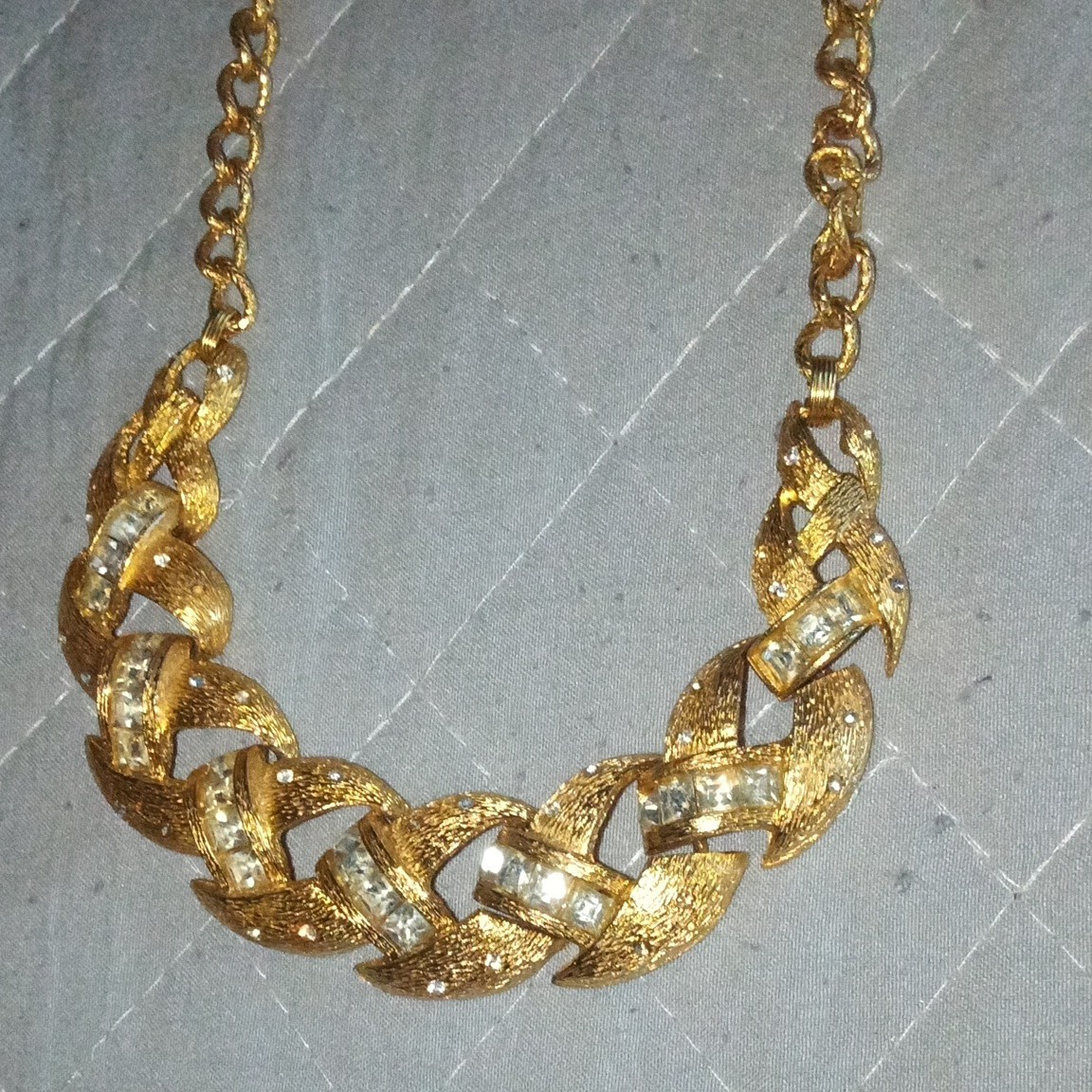 Gold Tone Link Statement Necklace Clear Baguette Rhinestones Adj