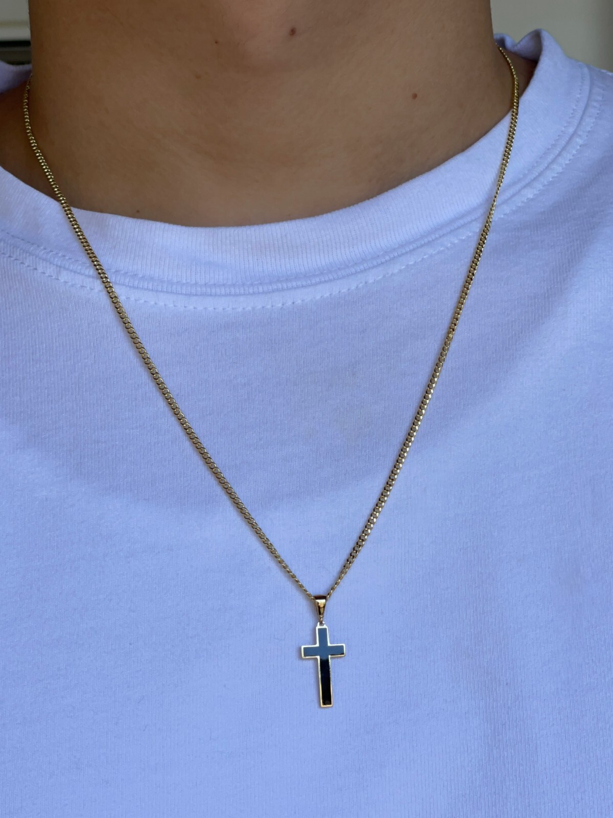 Black Enamel Plain Cross Pendant Solid 14K Real Gold Religious Charm Men Women