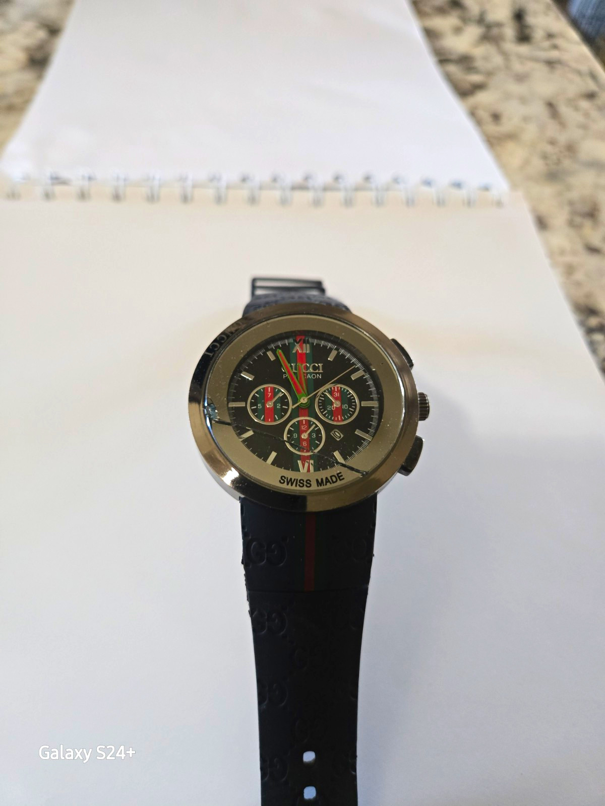 Gucci Pantheon Swiss Made Quartz Chronograph Date Black Dial Rubber Strap
