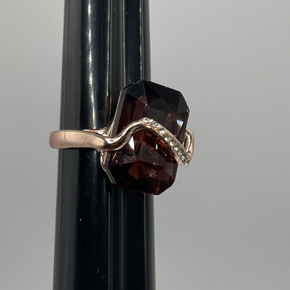 Rose Gold Filled Octagon Brown Cognac Wine Rhinestone Wave Wavy Ring Size 6.25