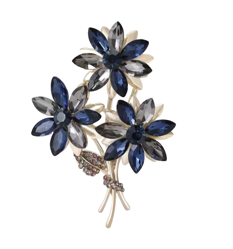 Luxury Rhinestone Flower Bouquet Brooch Gold Blue Floral Pin Nature Jewelry Gift