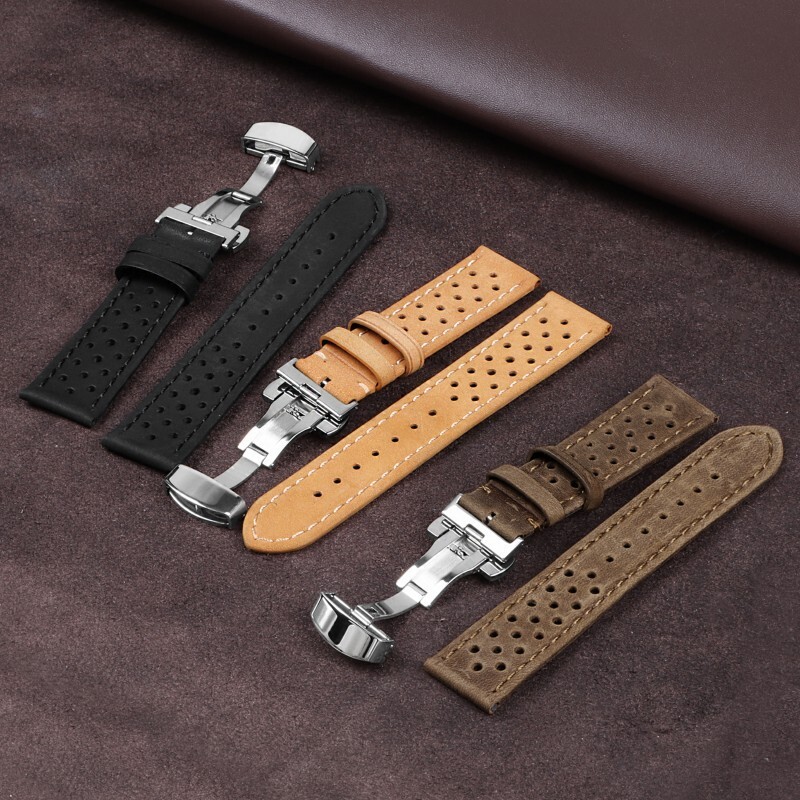 Premium Porous Breathable Leather Watch Band Strap Mens Butterfly Buckle 20 22mm