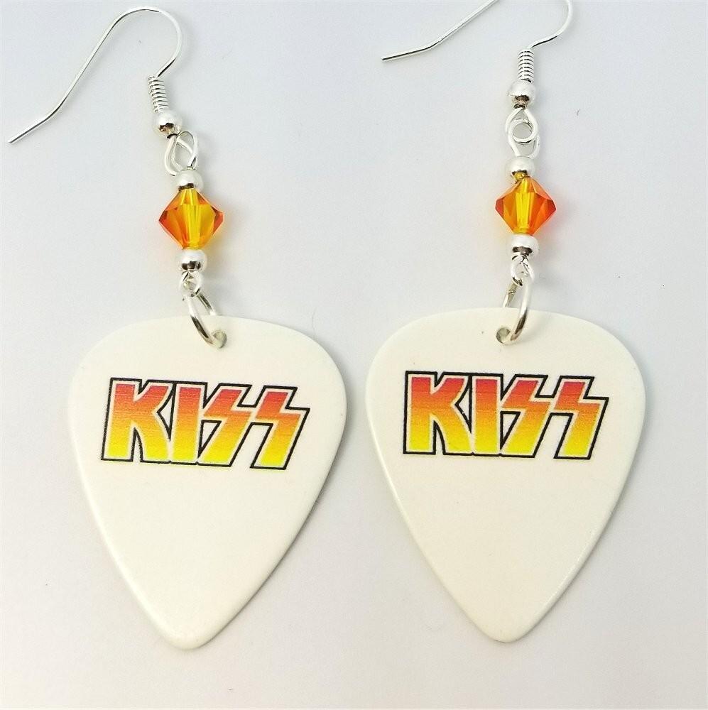 Kiss Logo Guitar Pick Earrings with Orange Swarovski Crystals