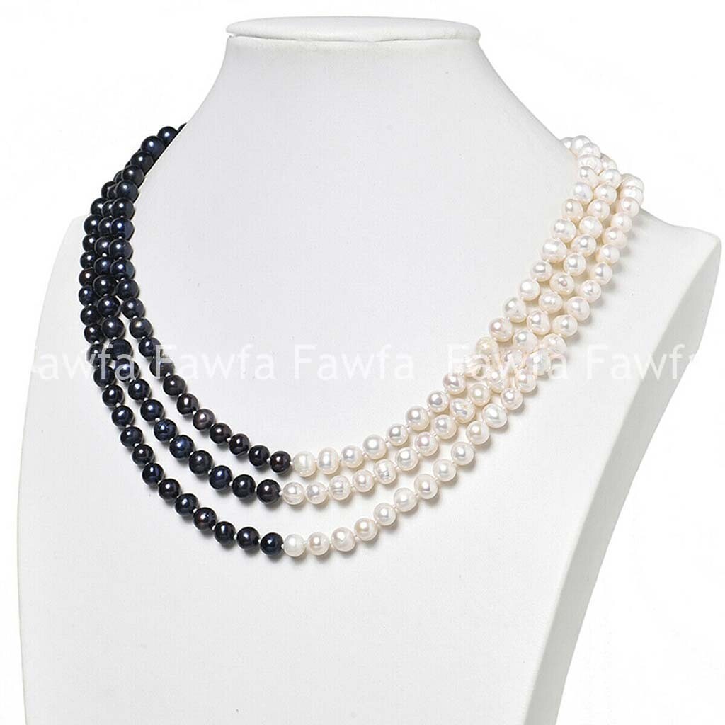 3 Rows -8/8-9/9-10mm Natural Black White Akoya Freshwater Pearl Necklace 18-20”