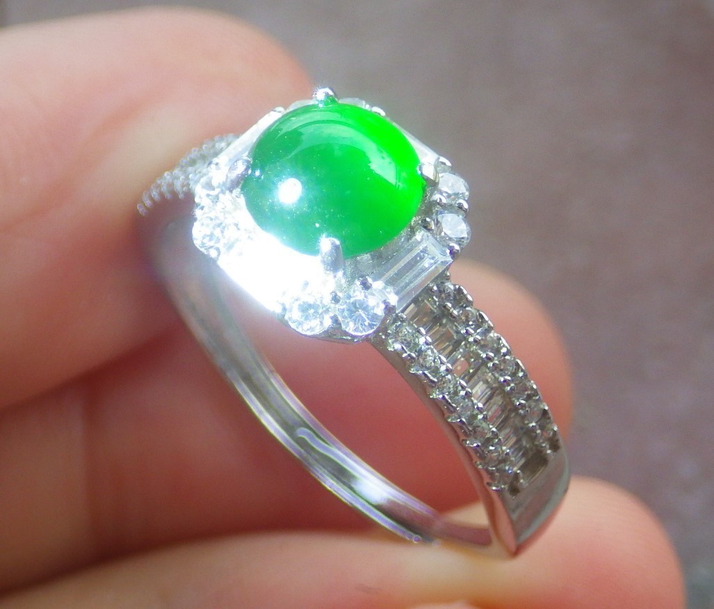 Video Sterling Silver 925 Green A Jade jadeite Cabochon Ring No 8 # 133622 VS