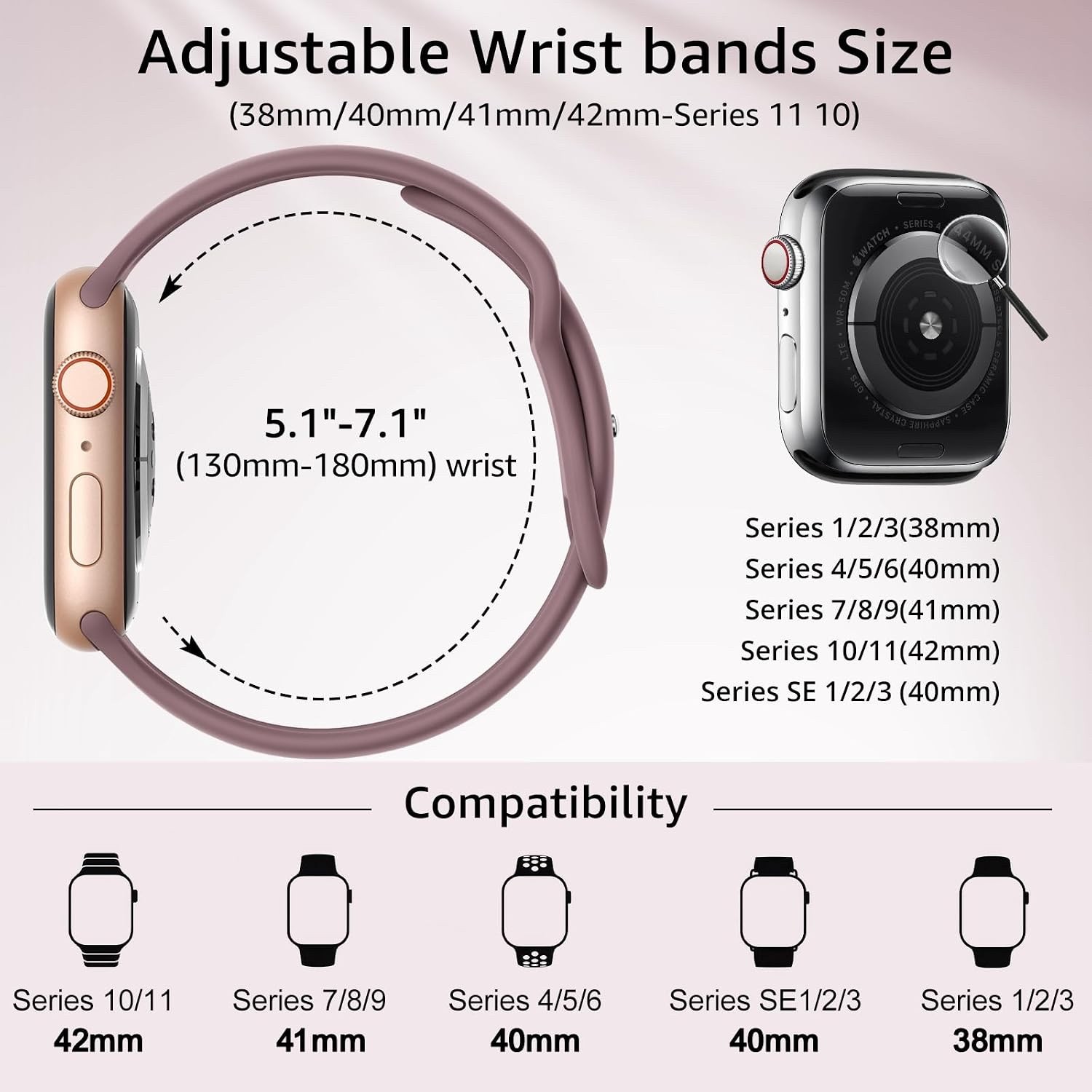 6 Pack Silicone Sport Bands Compatible wit Apple Watch 38/40/41/42/44/45/46/49mm