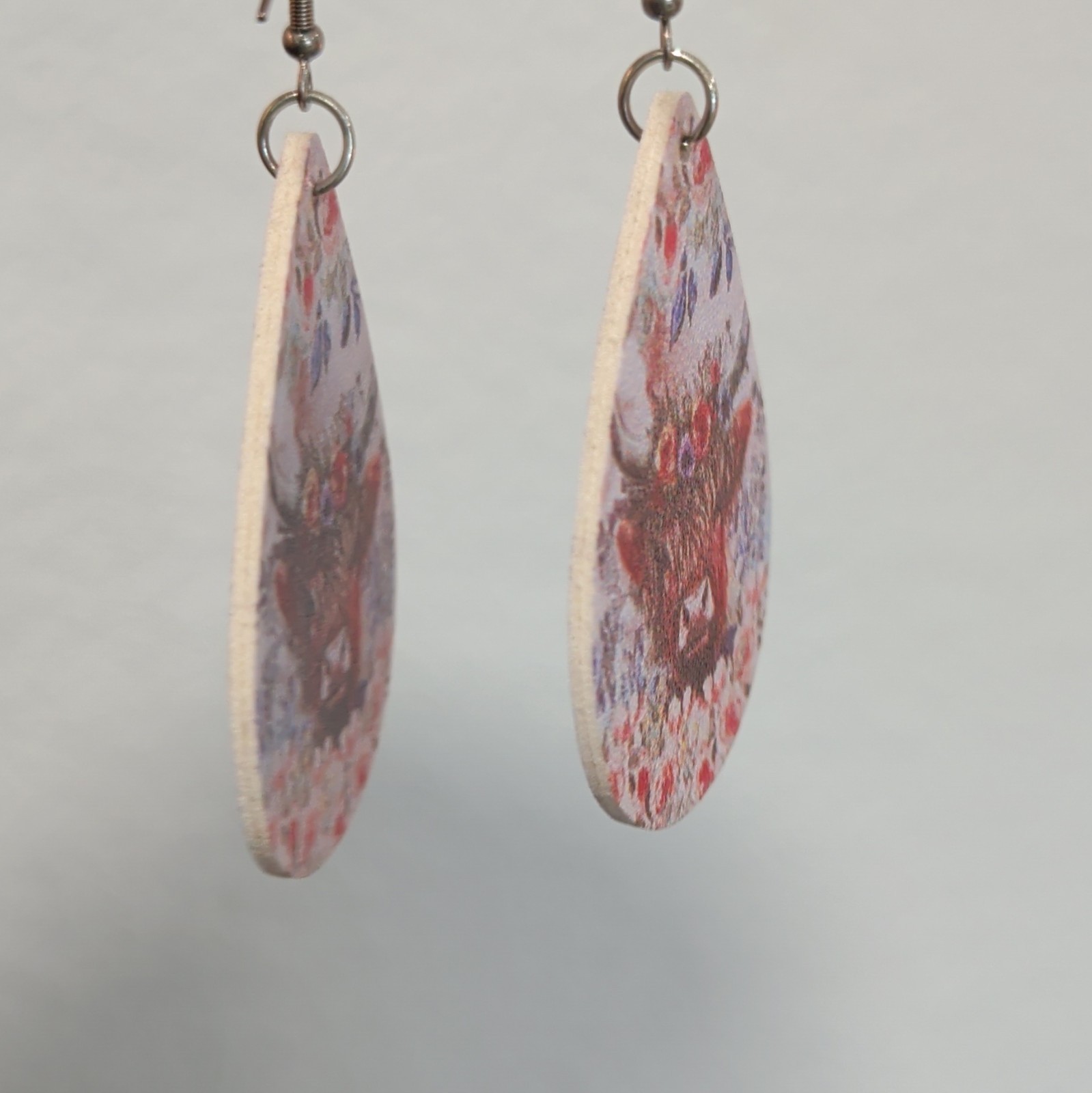 Multicolor Wood Highland Cow Print Teardrop Dangle/Drop Hook Earrings