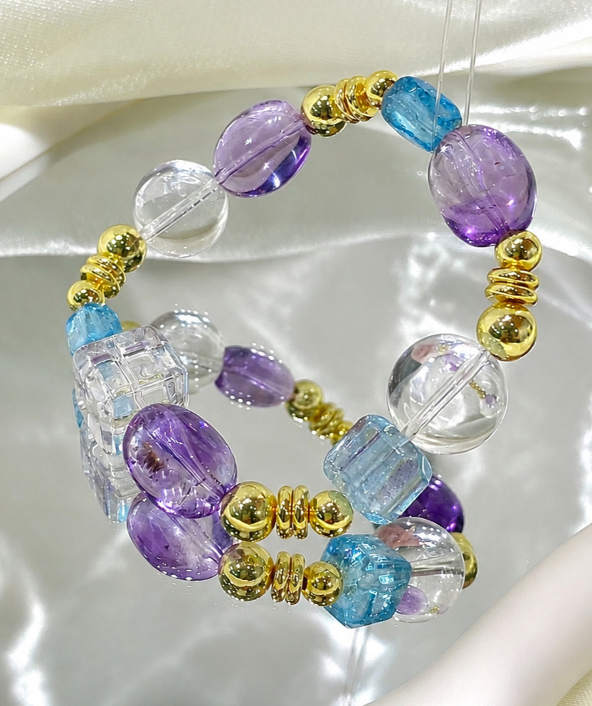 LUSA FEELA Amethyst Topaz Crystal Beaded Stretch Bracelet Gift Box