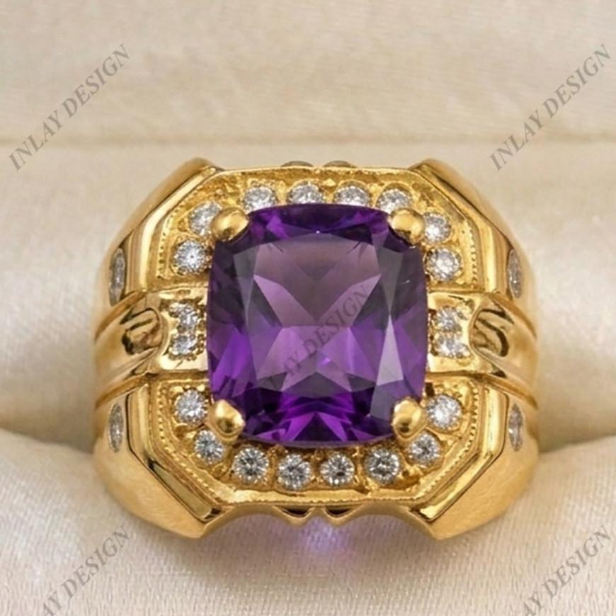 Men’s 925 Silver Signet Ring Purple Natural Amethyst Cushion Shape Gemstone
