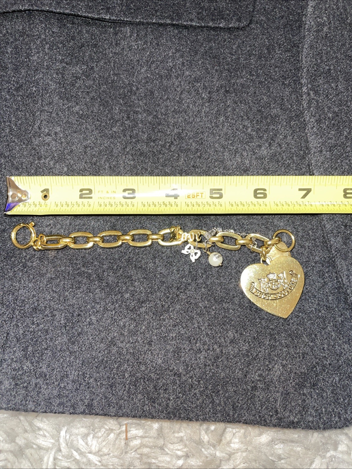 Juicy Couture LET THEM EAT COUTURE Heart Pearl Charm Bracelet Gold Tone