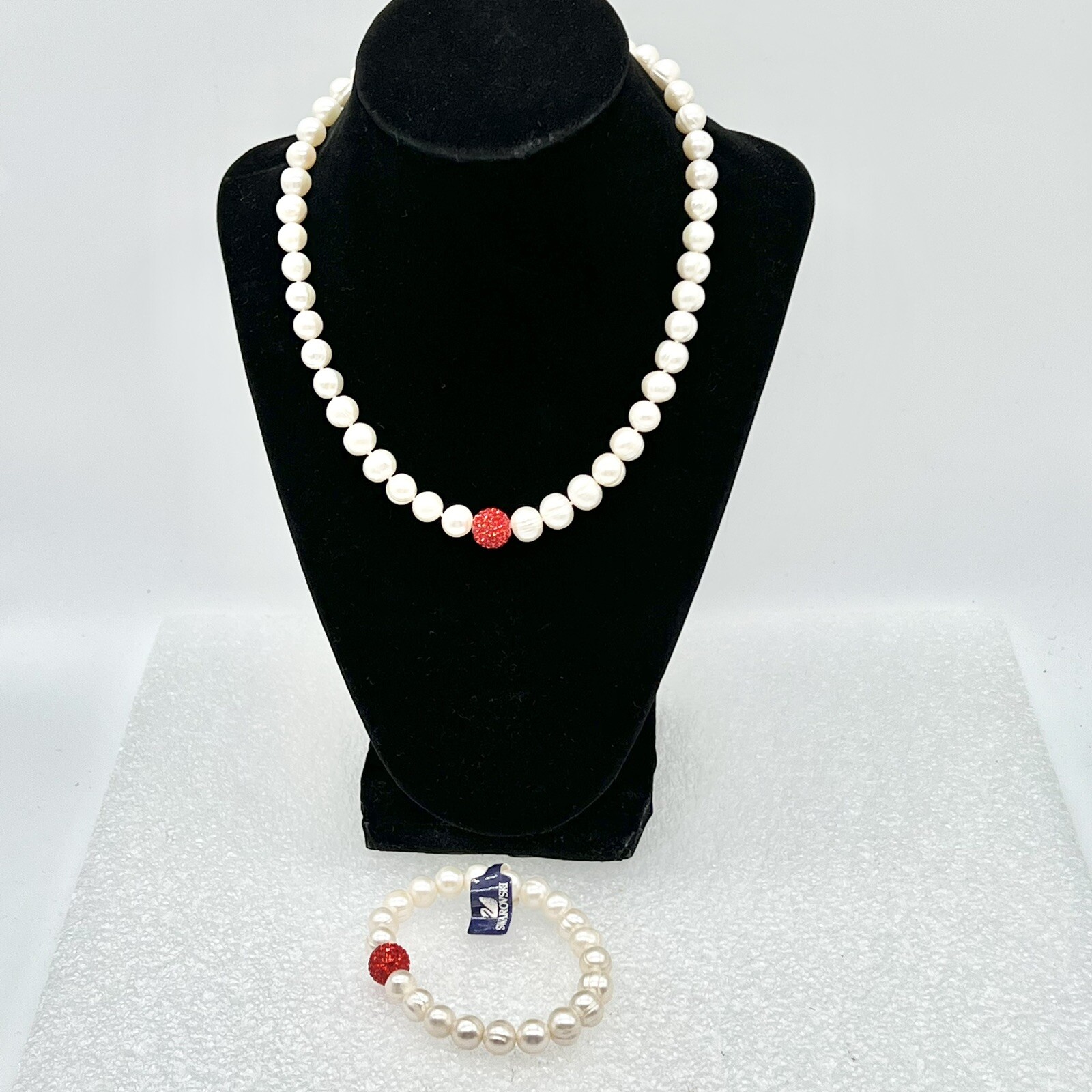 Swarovski Pearl Necklace Bracelet Set White Beaded Red Crystal Accent Classic