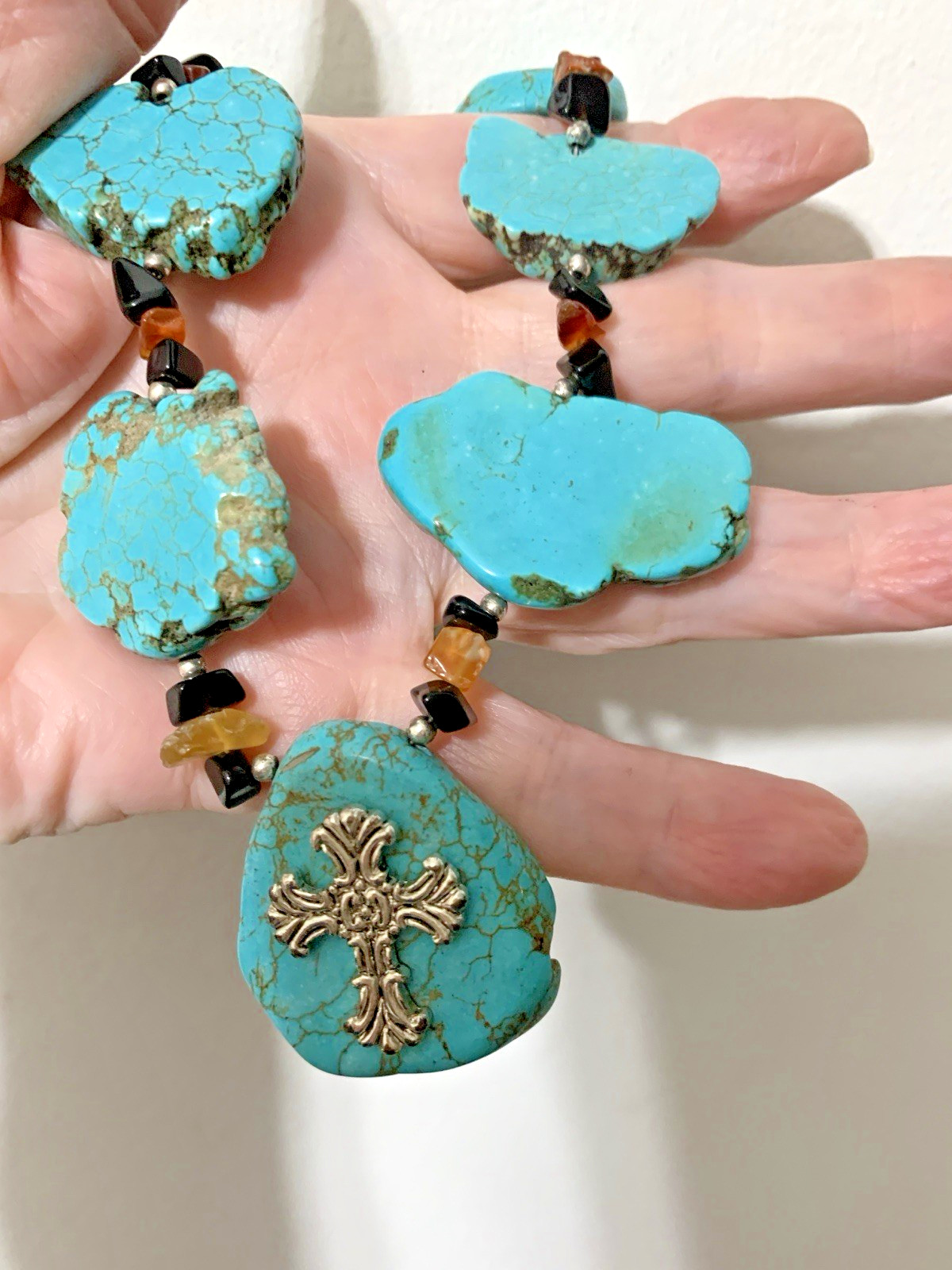 Southwestern Silver tone Chunky Turquoise Slabs, With Orange & Black Beads, 22”